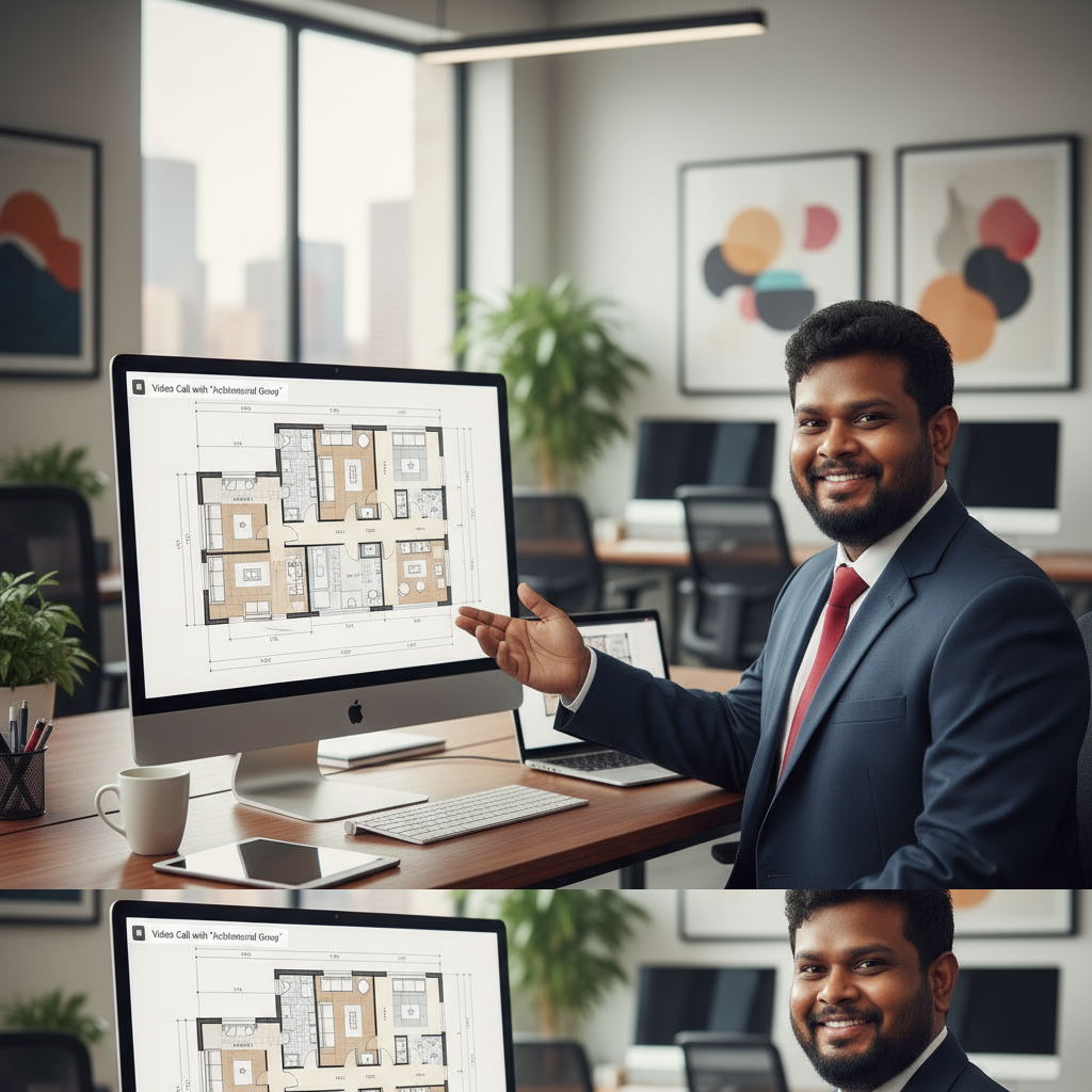 Raghavendra Hebbur, Vastu consultant, reviewing a 16-zone floor plan analysis at his desk